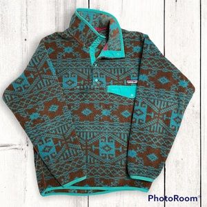 RARE Patagonia Synchilla Snap-T Fleece Pullover Sweater-Teal and Brown. HTF